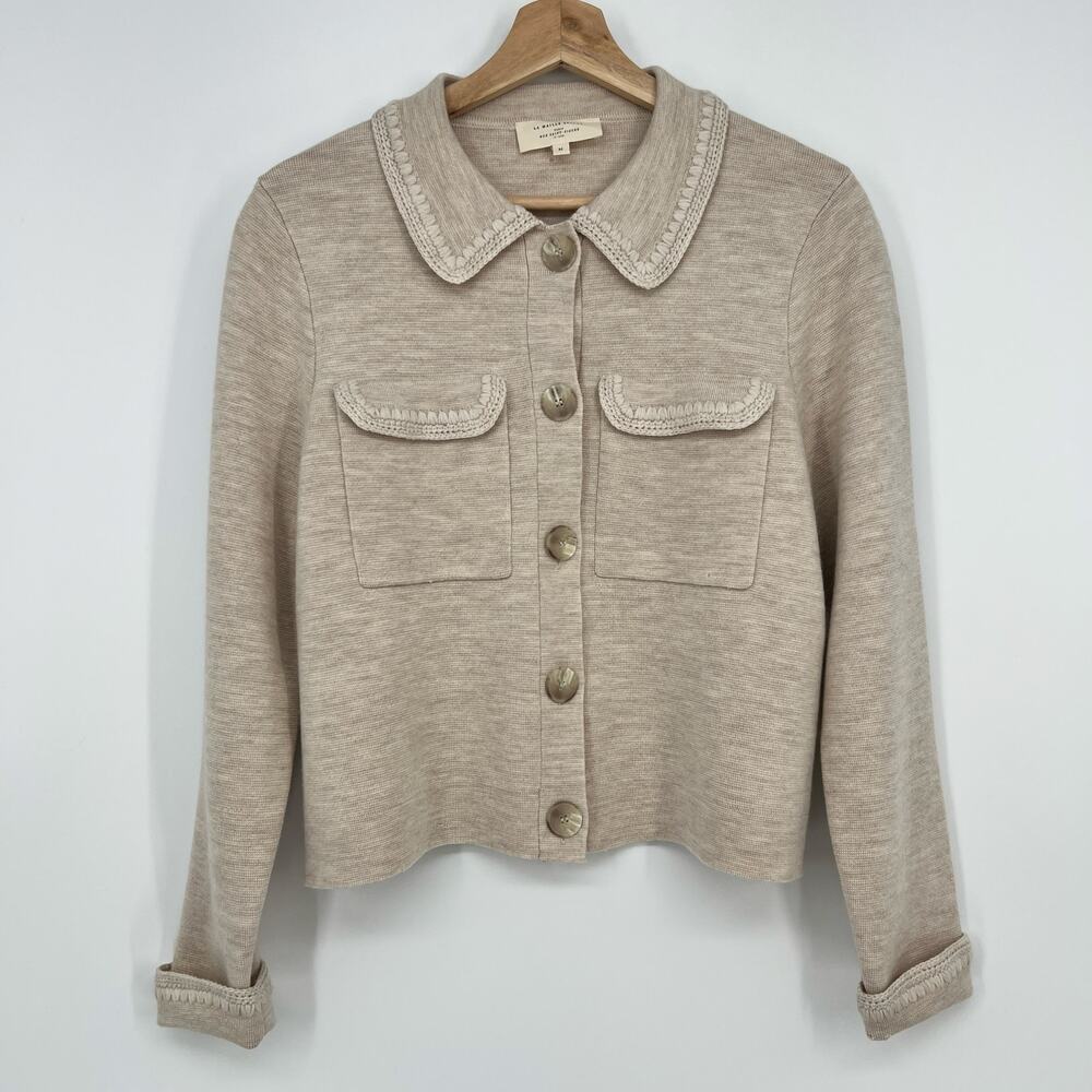 Sezane Betty Crochet Cardigan Sweater Wool Womens Medium Mottled Beige FLAW READ